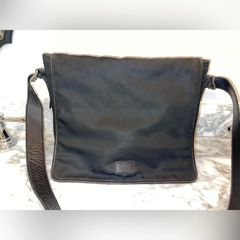 Vintage Coach Black Nylon & Leather Trim Messenger Bag